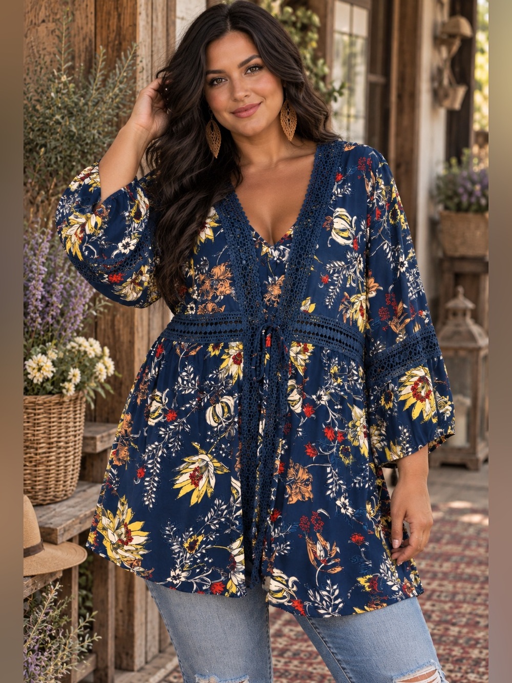 Nostalgia Boho Floral Lace Kimono Duster Cardigan Blue | Size Large